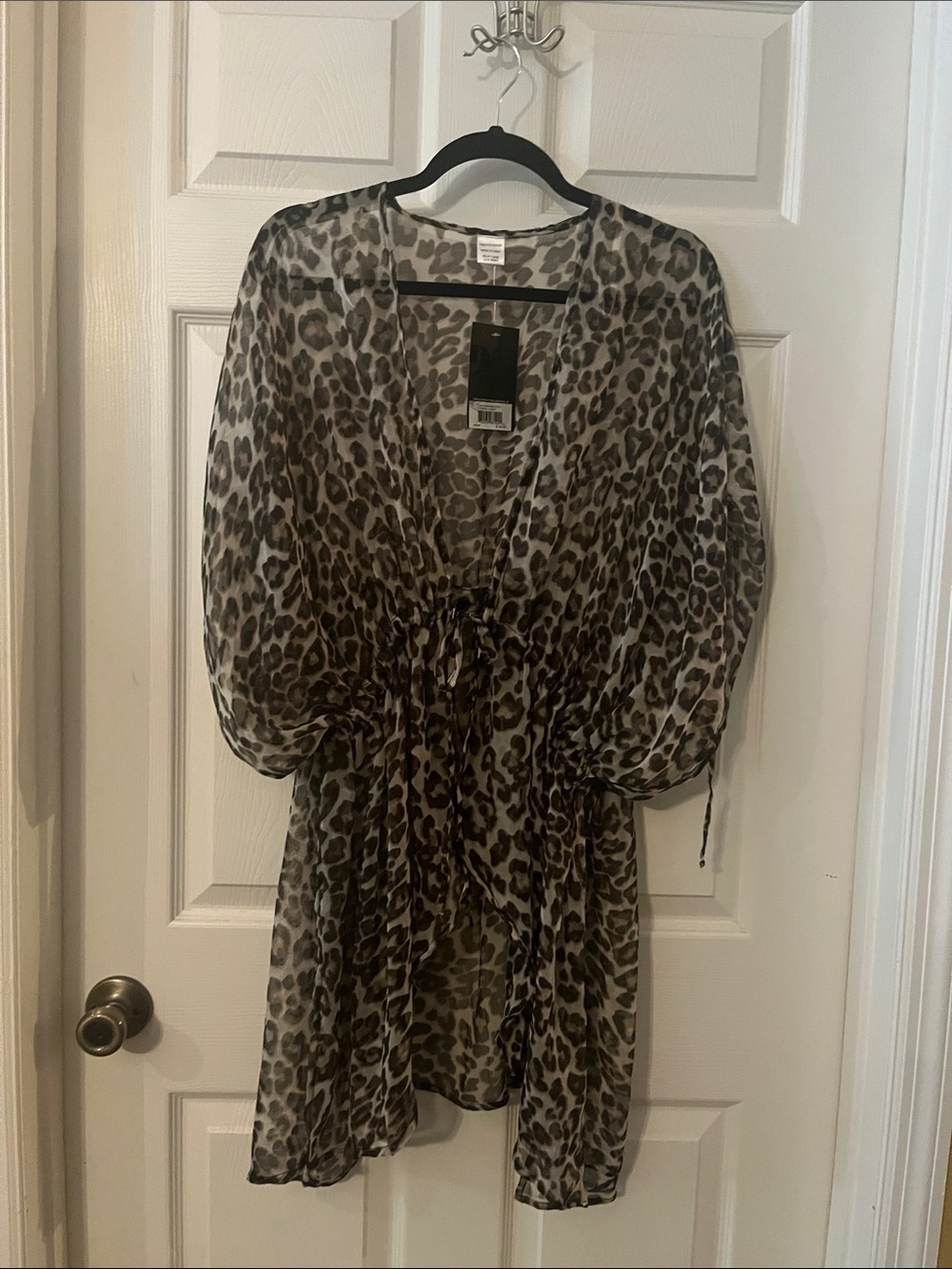 Sheer Leopard Print V-Neck beach cover up- Black/Grey
